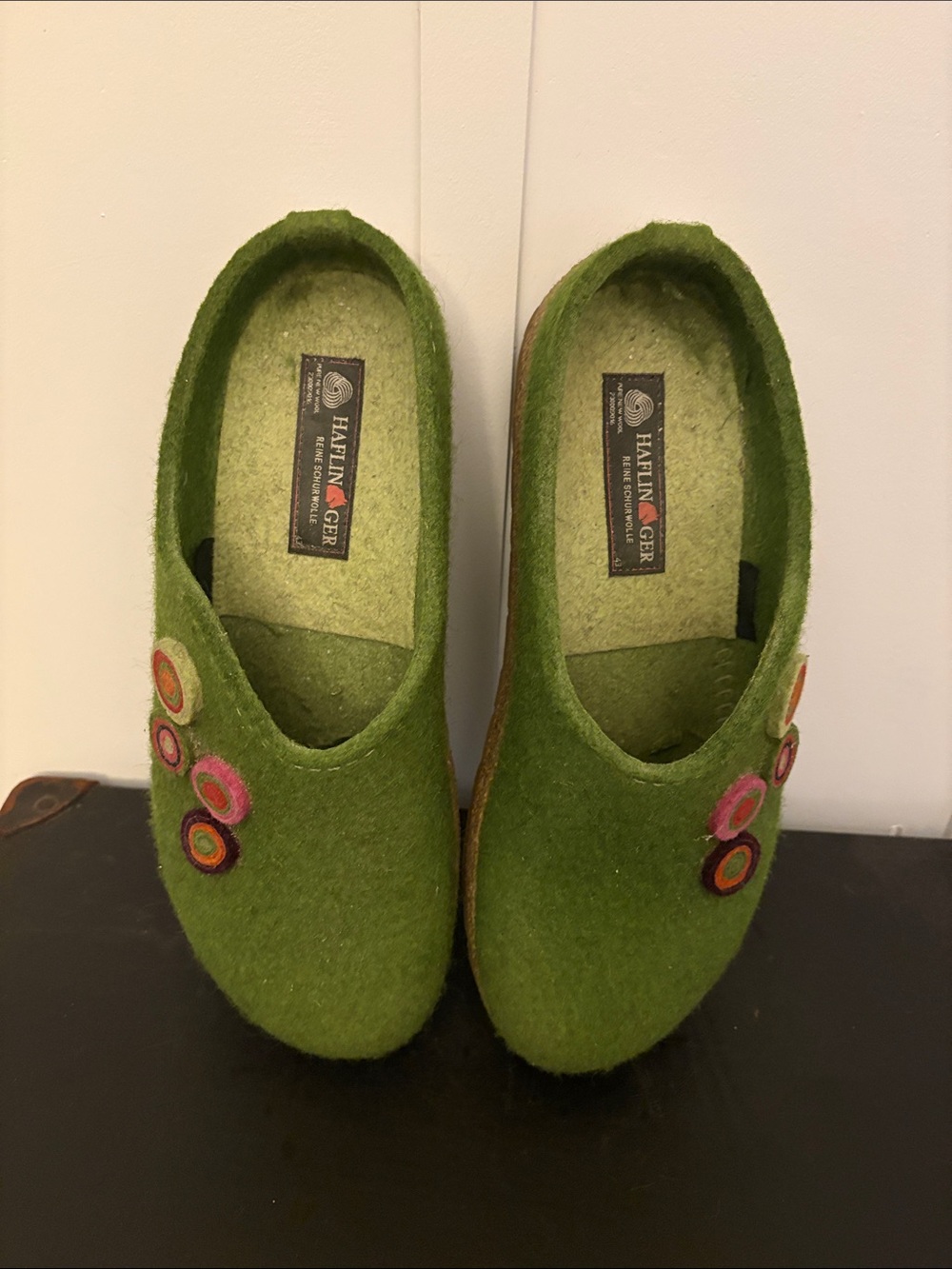 Haflinger Green Wool Slip-On Clogs with Multicolor Felt Circles